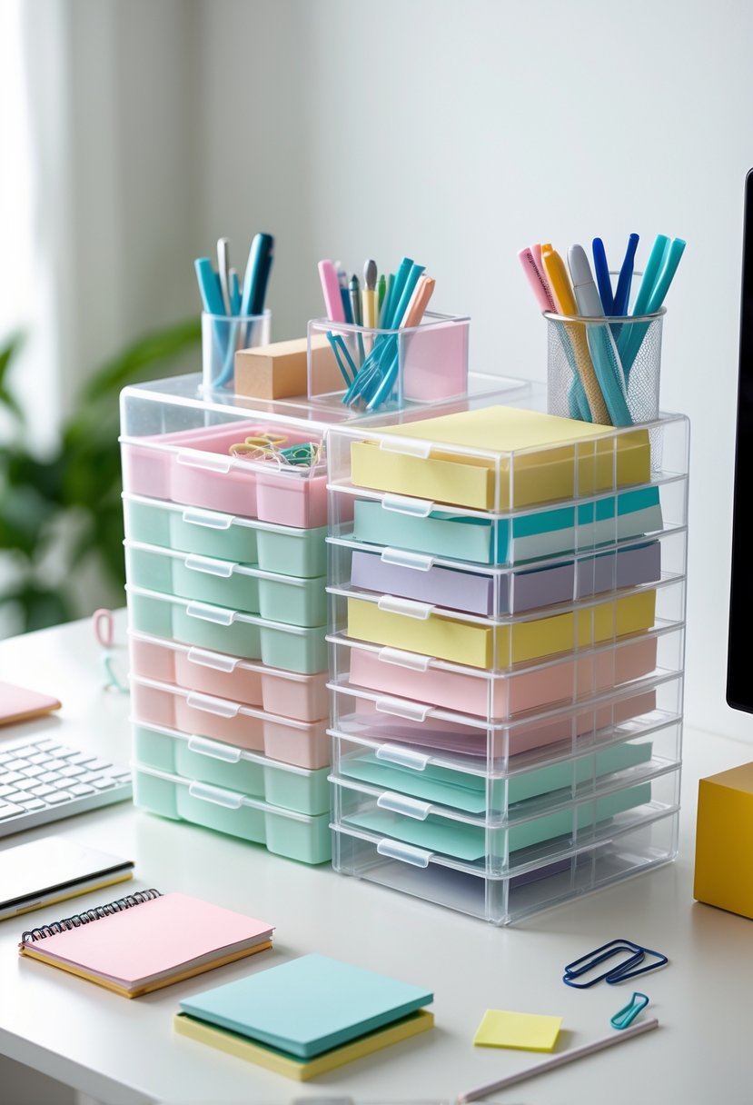 A stackable desk organizer made from clear plastic boxes filled with office supplies on a white desk.