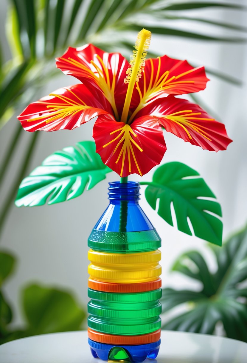 A colorful tropical hibiscus flower made from plastic bottles displayed against a background of green leaves.
