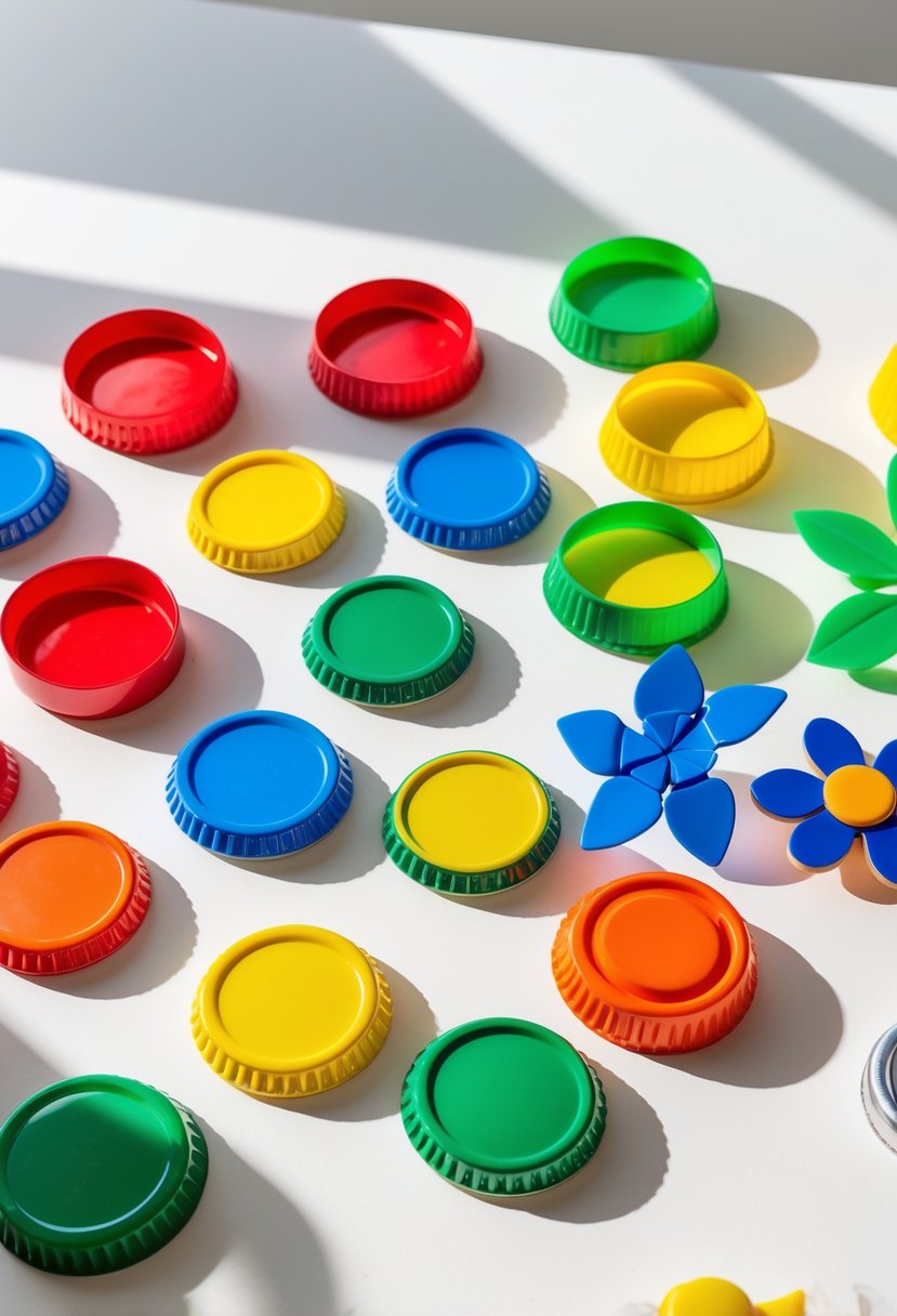 A collection of colorful plastic bottle cap magnets arranged in creative patterns on a white surface.