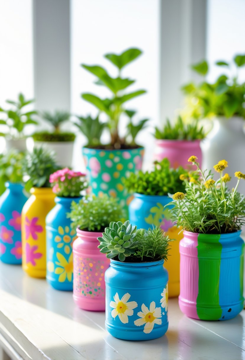 A collection of colorful painted plastic containers used as planters holding various green plants arranged on a wooden surface.