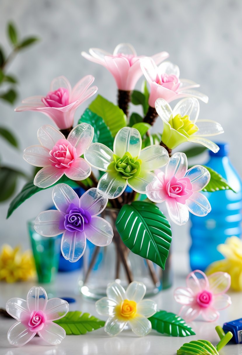 An arrangement of colorful flower crafts made from recycled plastic bottles displayed on a clean surface.