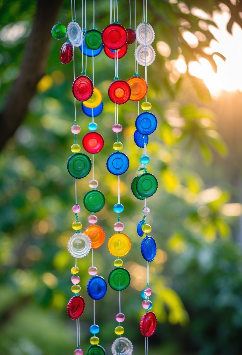 Colorful bottle cap wind chimes decorated with beads hanging outdoors with green foliage in the background.