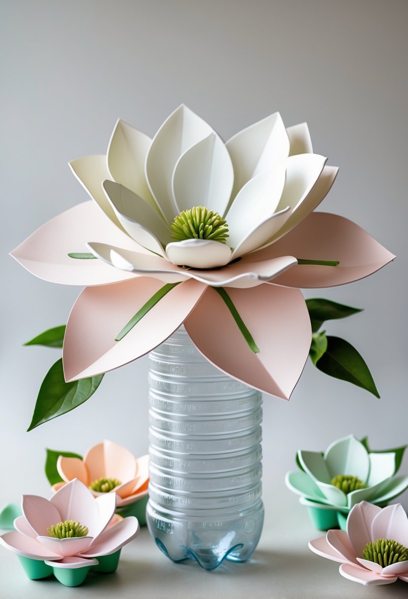 A magnolia-inspired flower made from a plastic bottle displayed with other colorful plastic bottle flowers on a neutral background.