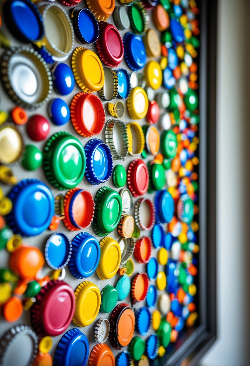 A framed mosaic wall art made from colorful plastic bottle caps arranged in an abstract pattern.
