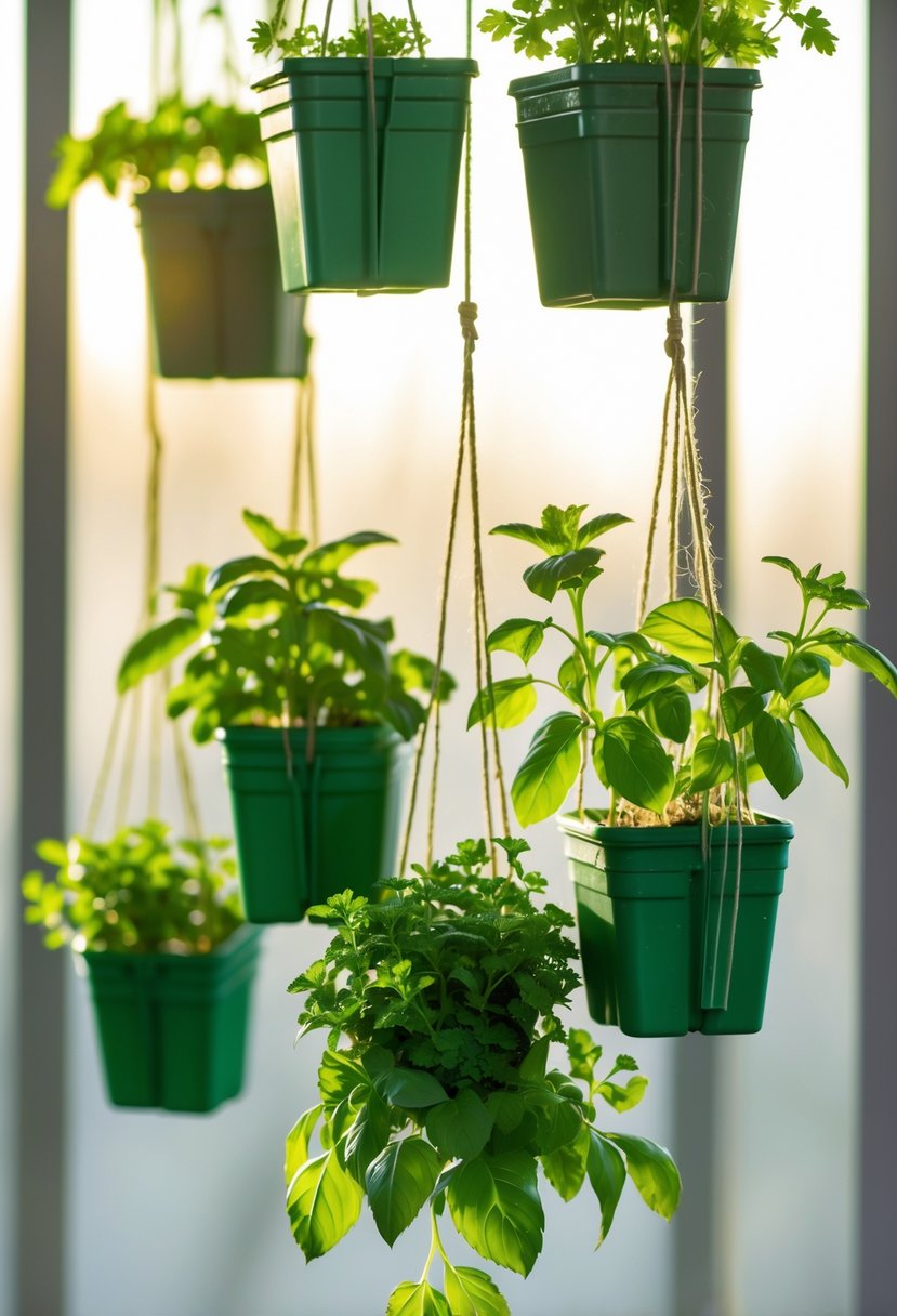 A hanging garden with small plastic containers holding green herbs arranged vertically.