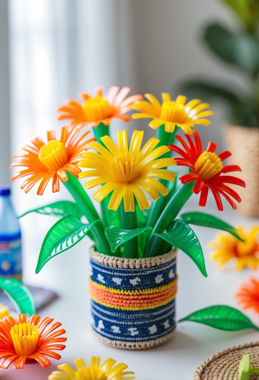 A collection of colorful zinnia flowers made from recycled plastic bottles arranged in a decorative container on a bright workspace.