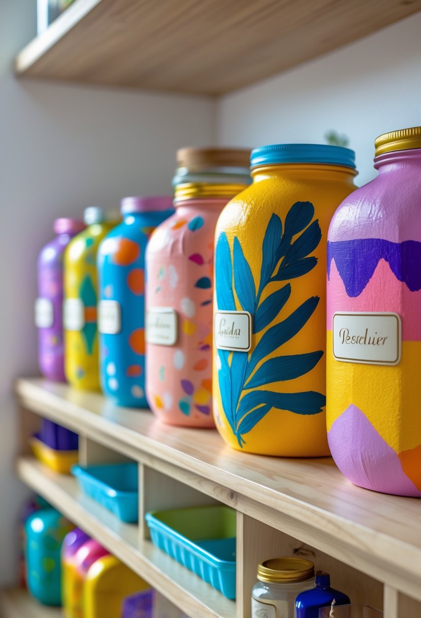 A collection of colorful painted plastic storage jars arranged neatly on a wooden surface.