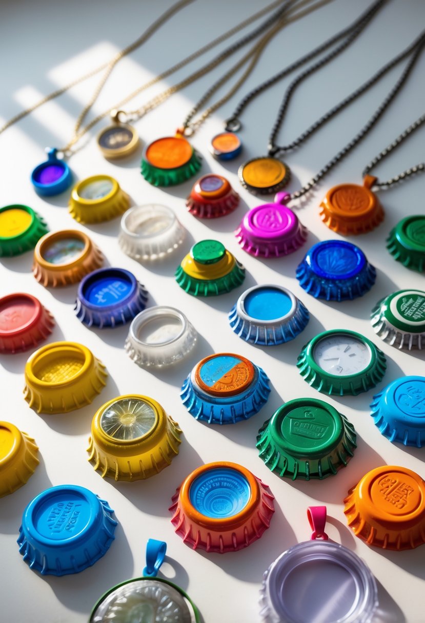 A collection of colorful necklace pendants made from repurposed plastic bottle caps arranged on a neutral background.