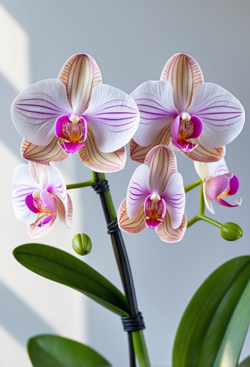 A detailed, realistic orchid flower made from plastic bottles displayed on a neutral background.