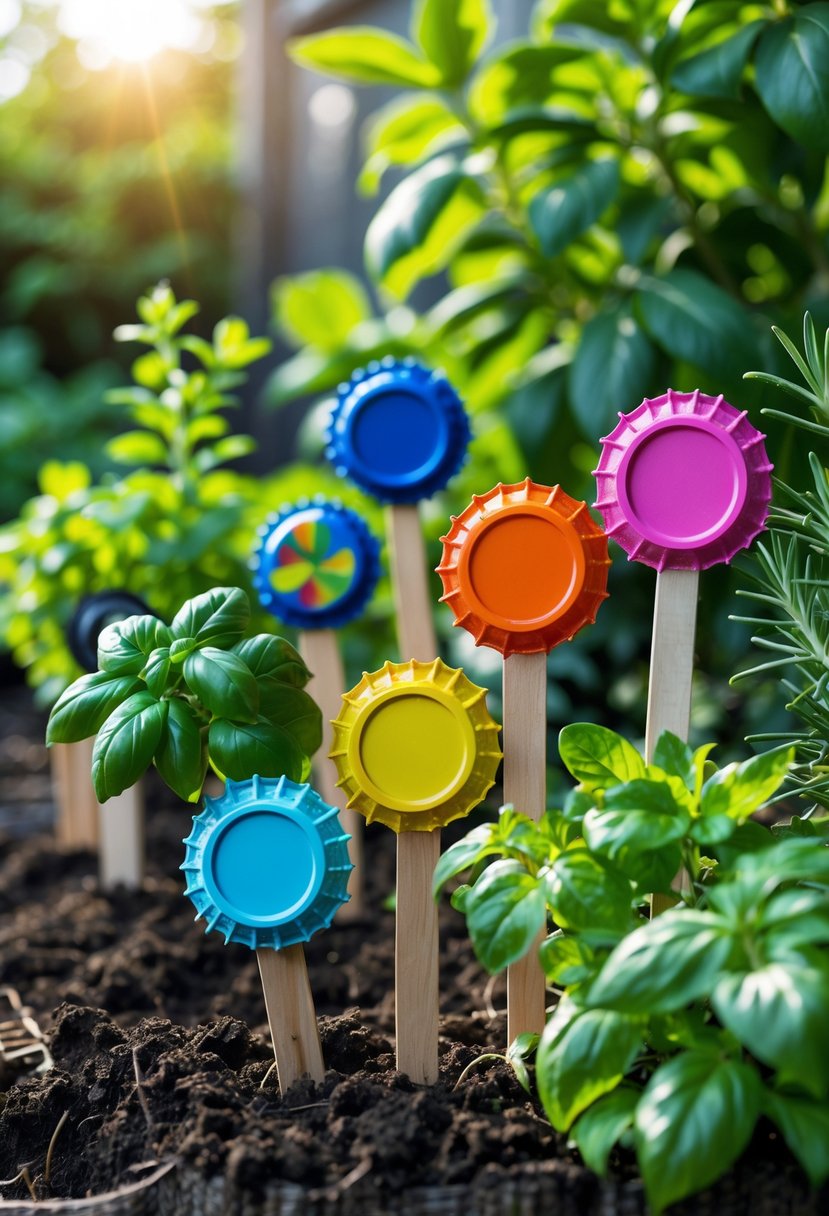 Colorful plastic bottle caps used as plant markers in a garden with green plants and soil.