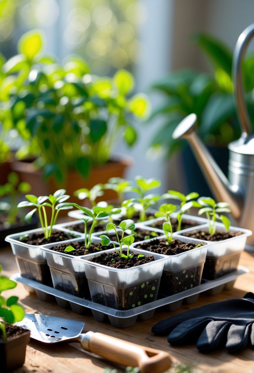 Seed starter tray made from small plastic containers with soil and green seedlings on a wooden table surrounded by gardening tools.