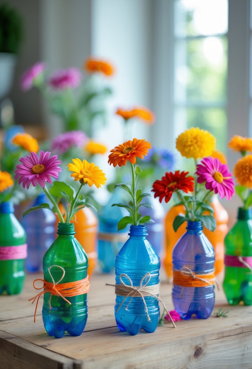 Colorful flower pots made from repurposed plastic bottles with blooming flowers arranged on a wooden table.