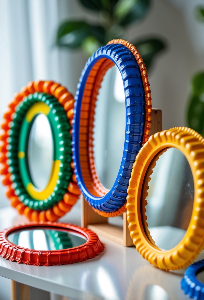 Several decorative mirrors framed with colorful plastic bottle caps arranged in creative patterns on a neutral background.