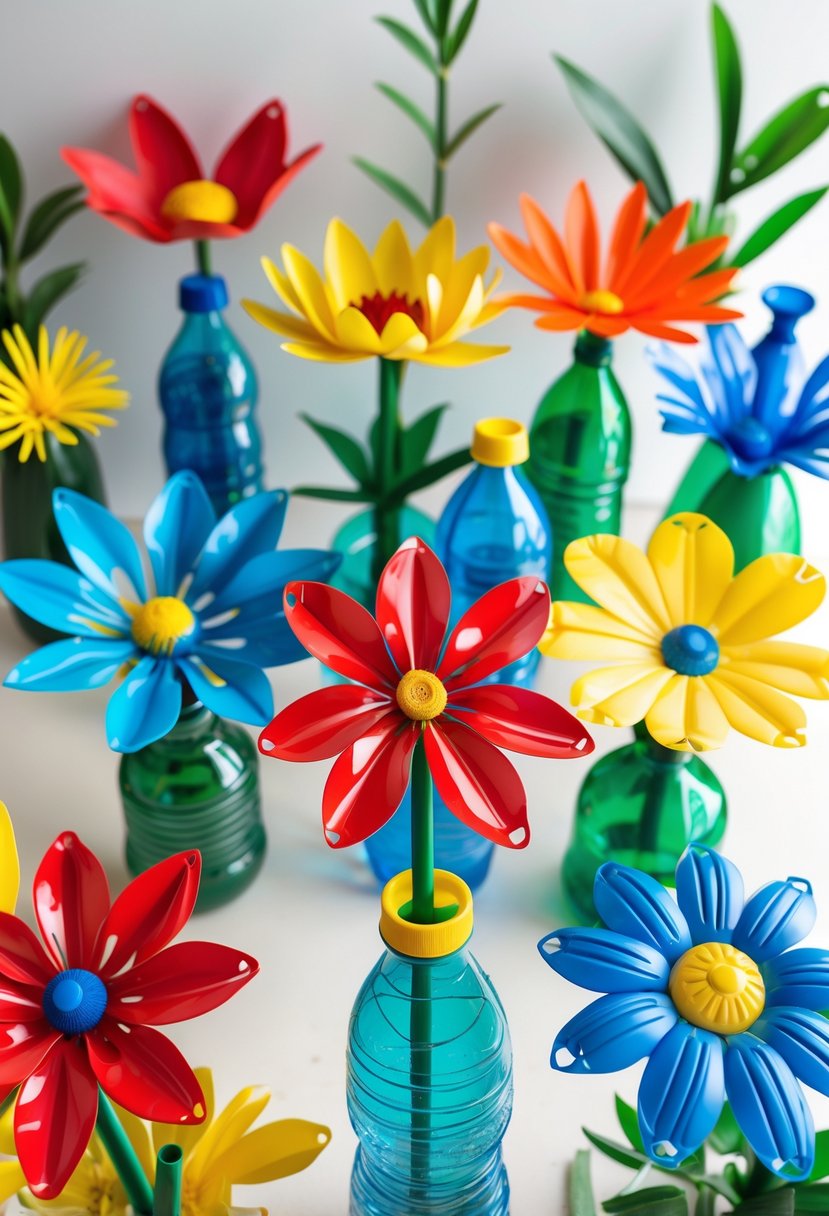 Colorful flowers made from recycled plastic bottles arranged on a neutral background.