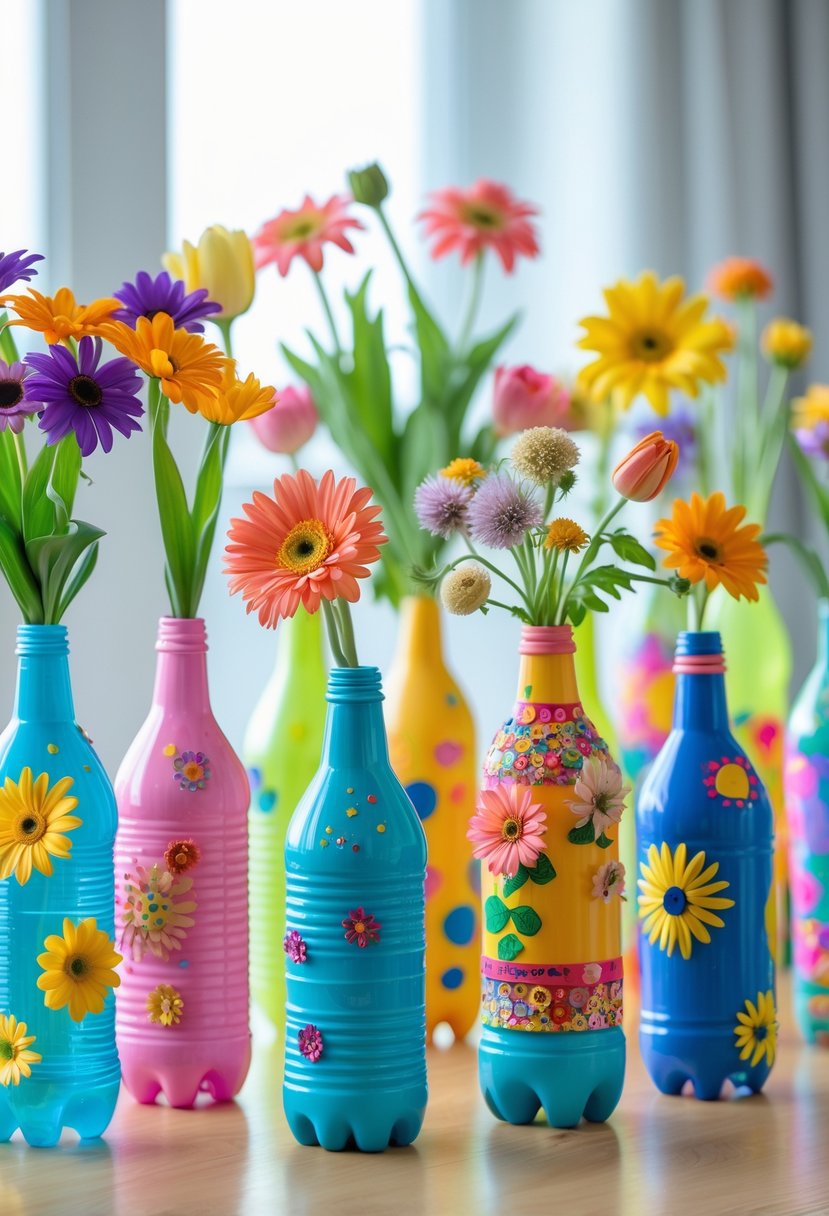 Colorful plastic bottles decorated as flower vases holding fresh flowers arranged on a wooden table.