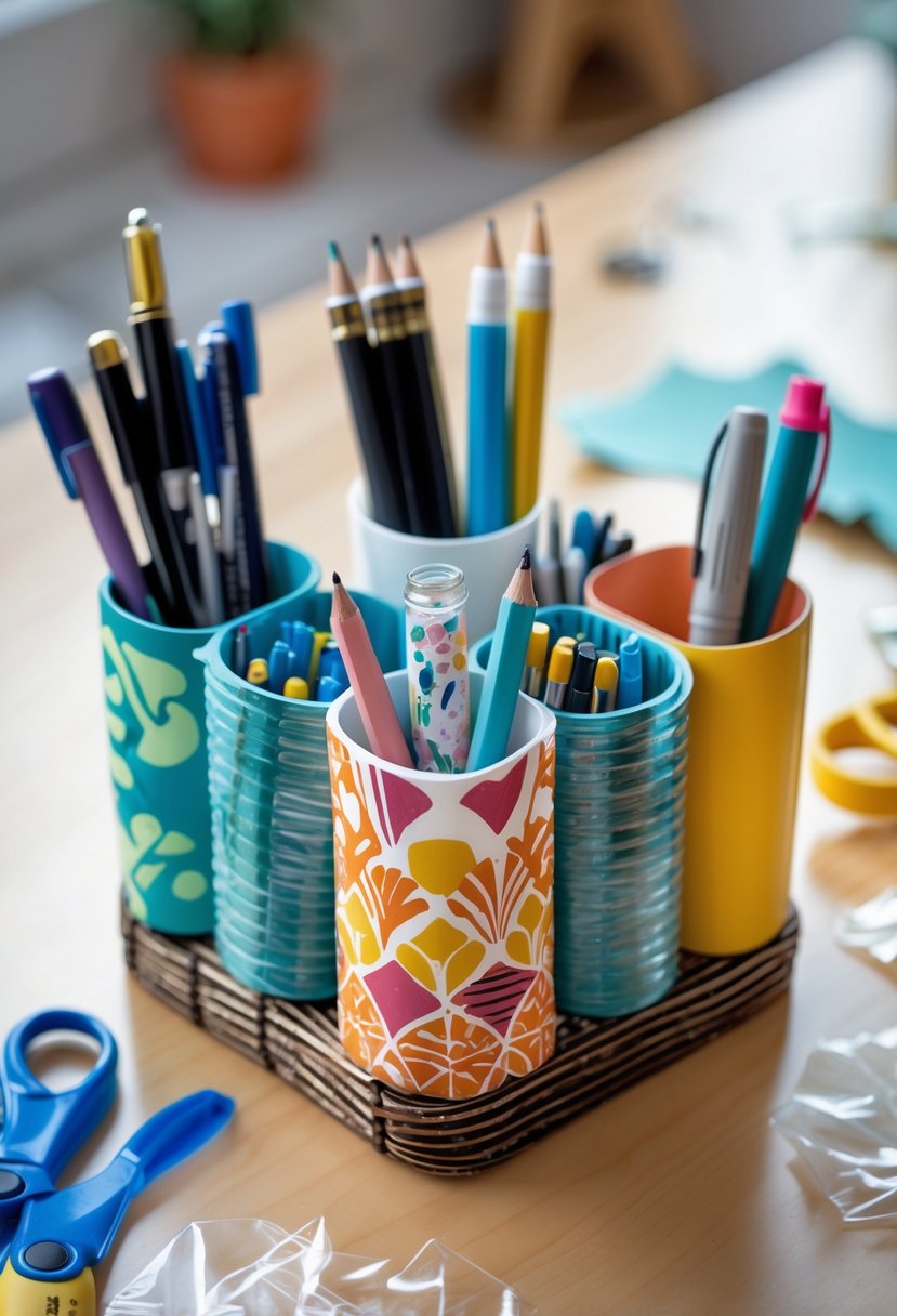 A pen and pencil holder made from recycled plastic containers on a wooden desk surrounded by crafting materials.