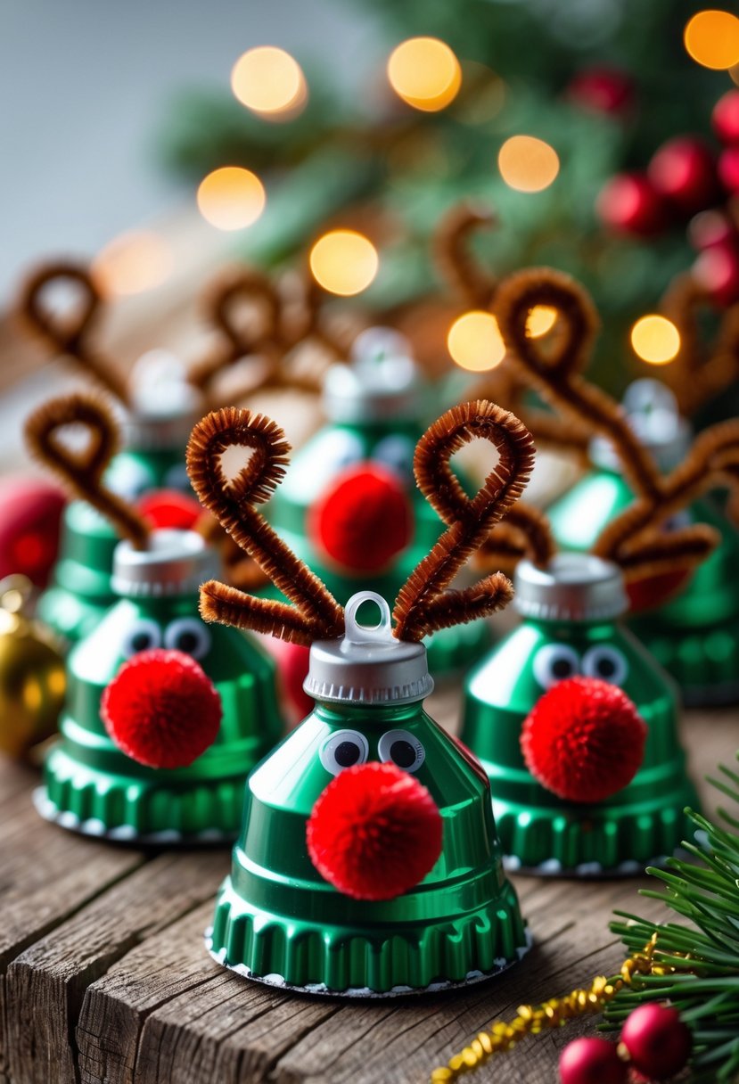 A collection of colorful Rudolph bottle cap ornaments decorated with red noses and antlers, displayed on a wooden surface with holiday decorations in the background.