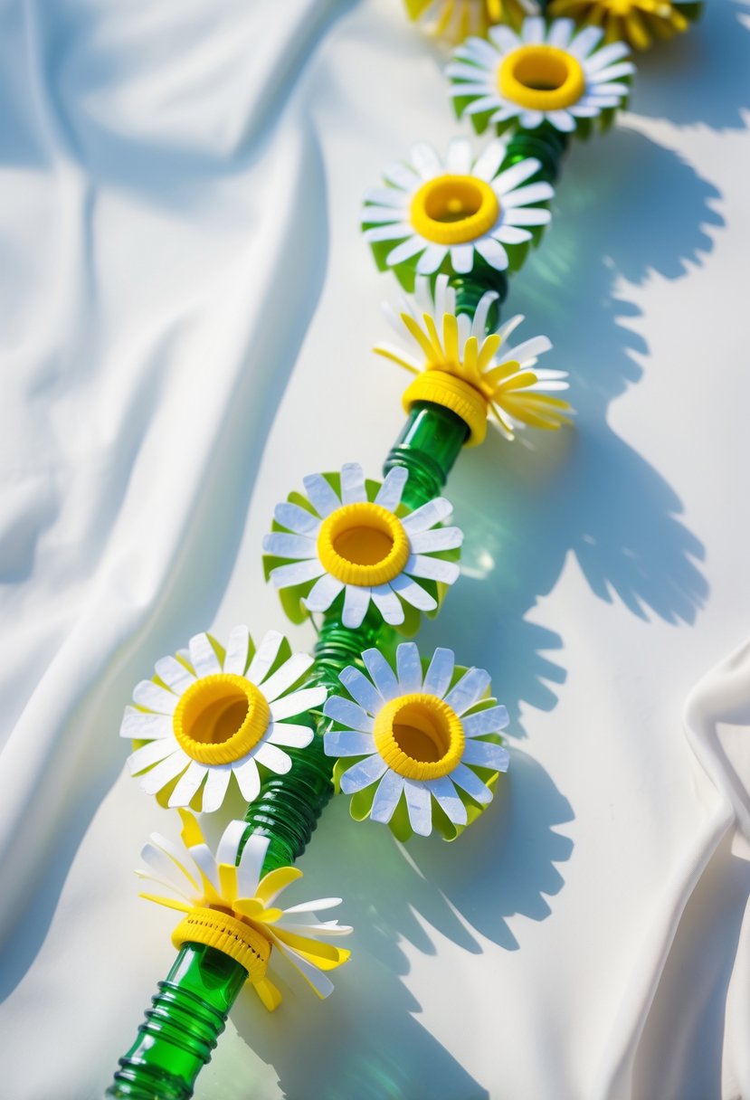 A chain of colorful daisies made from recycled plastic bottles arranged on a neutral background.
