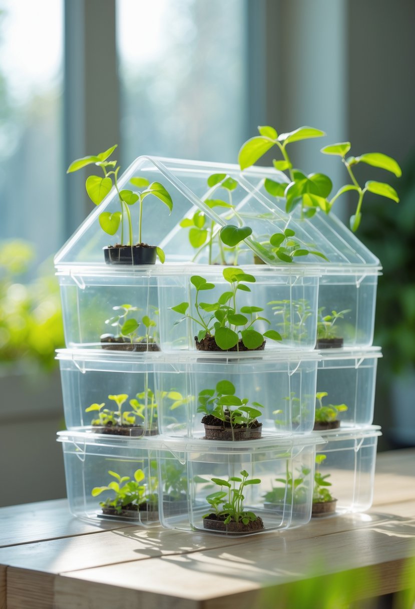 Miniature greenhouse made from clear plastic containers with green seedlings growing inside on a wooden table.