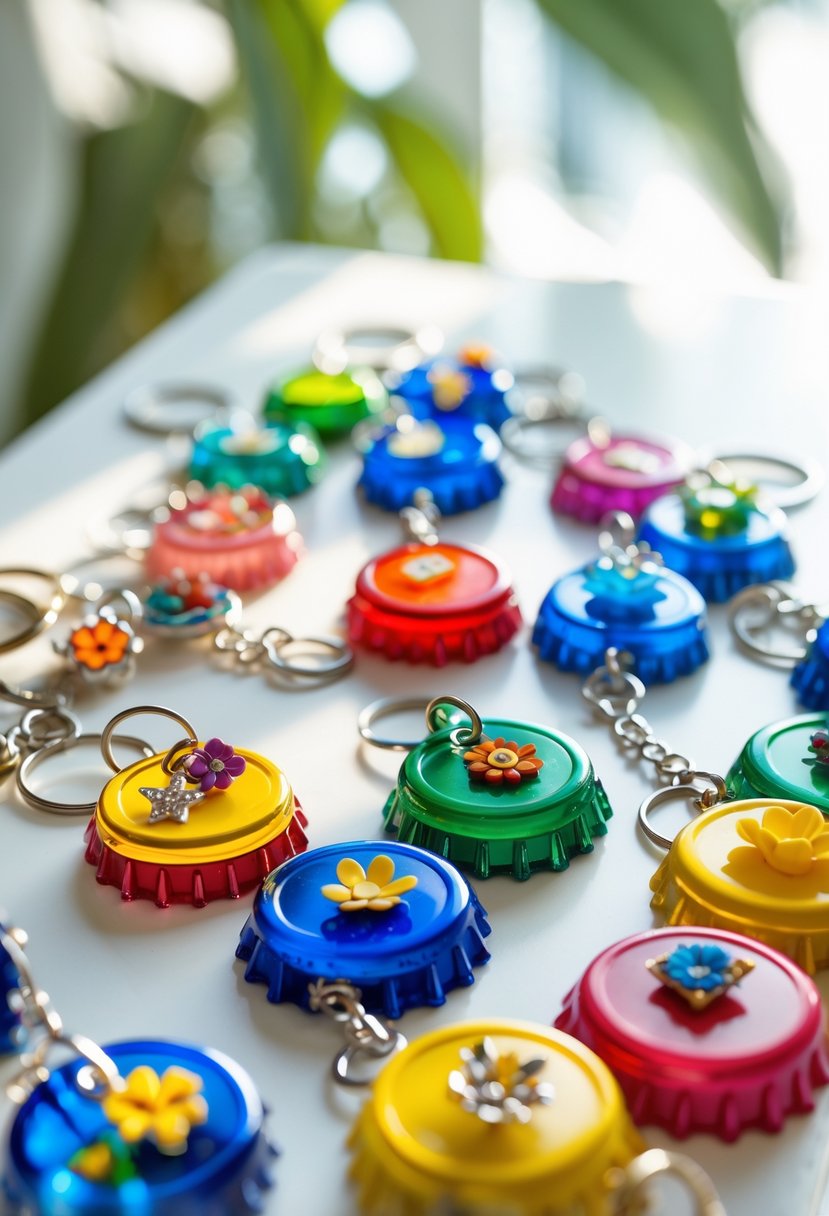 A collection of colorful plastic bottle cap keychains with various small charms arranged on a white surface.
