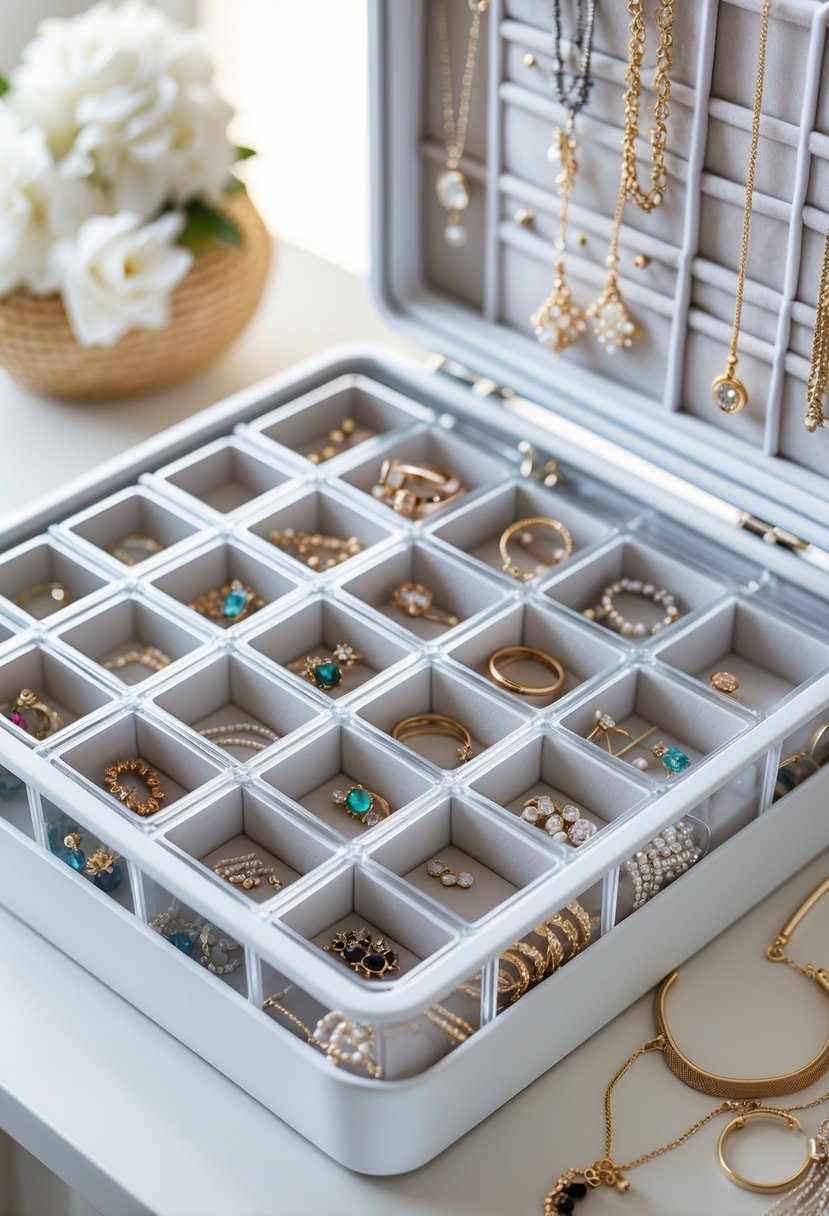 A jewelry organizer with multiple clear plastic compartments holding various pieces of jewelry on a white surface.