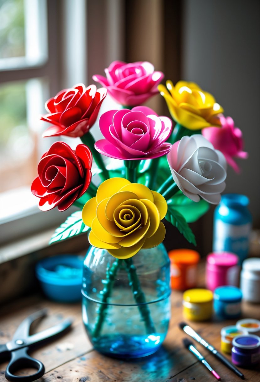A vase filled with colorful handmade roses crafted from recycled plastic bottles on a wooden table with craft supplies around.