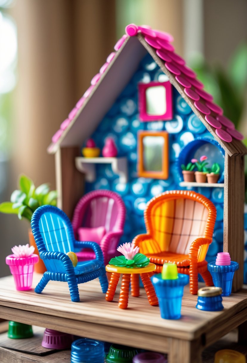 A miniature dollhouse room decorated with colorful furniture and items made from plastic bottle caps.