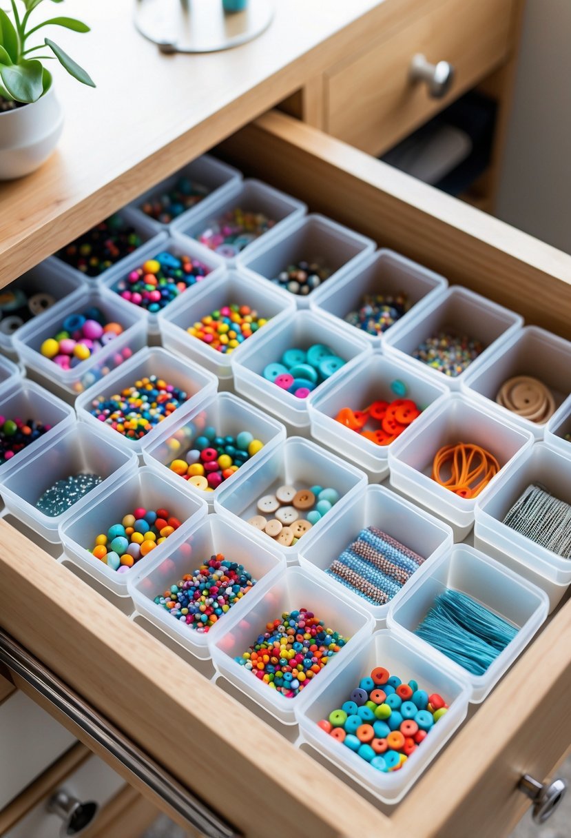An open desk drawer organized with clear plastic containers holding colorful craft supplies like beads, buttons, and threads.
