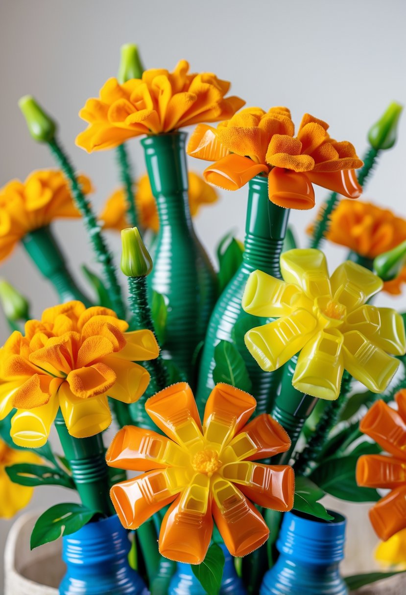 A close-up view of colorful marigold flowers made from plastic bottles arranged together on a plain background.