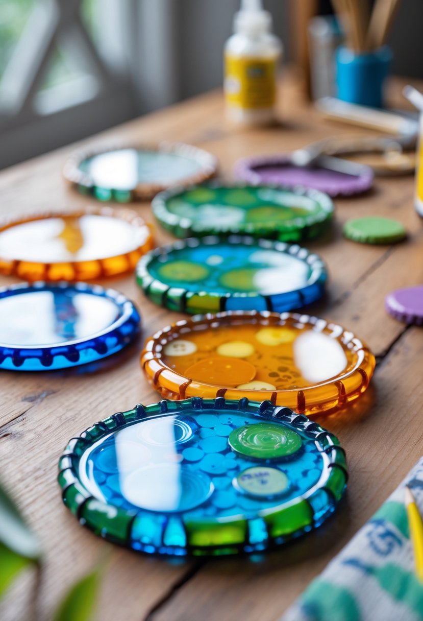 Colorful bottle cap coasters with shiny resin coating arranged on a wooden table with crafting materials in the background.