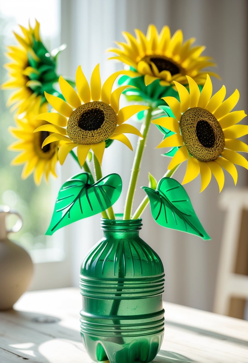 A display of bright yellow sunflowers made from recycled plastic bottles arranged in a vase on a wooden table.