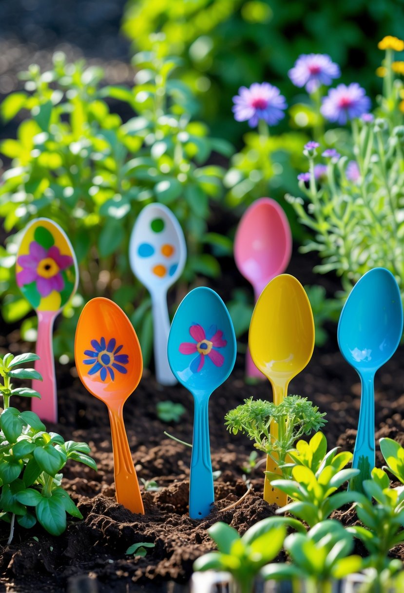 Colorful plastic spoons used as garden markers stuck in soil next to green plants and flowers in a garden.