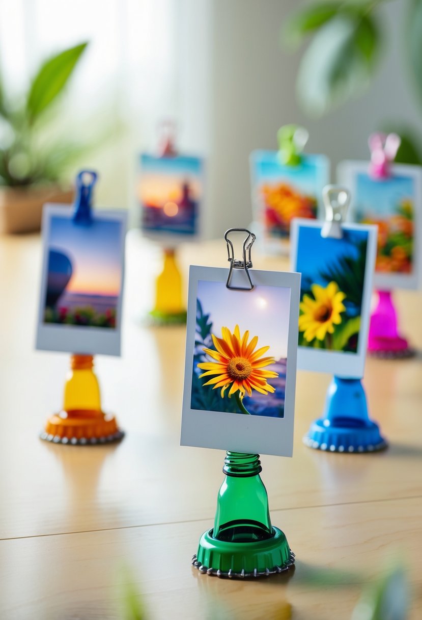 Colorful plastic bottle caps turned into photo holders displaying small photos on a wooden surface.
