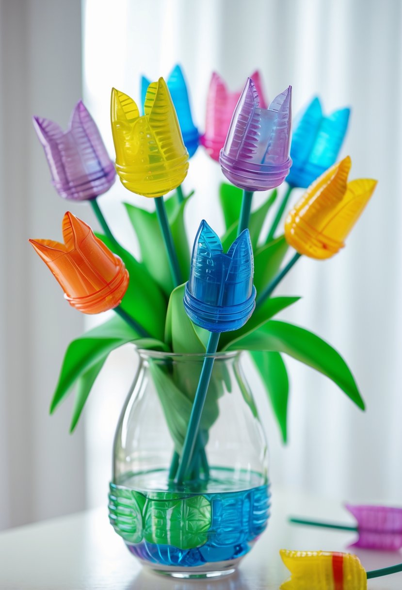A vase with colorful tulip flowers made from repurposed plastic bottles on a bright surface.