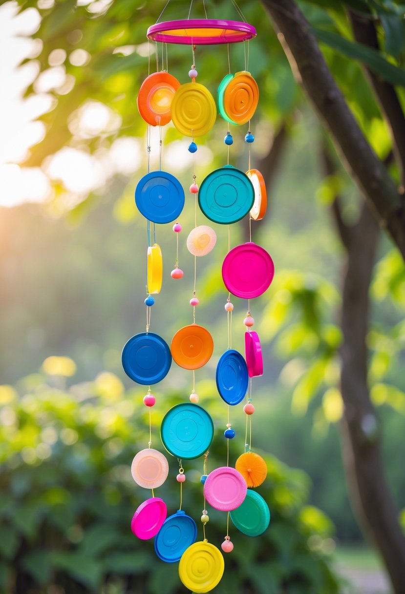 Colorful wind chimes made from plastic container lids hanging outdoors with green foliage in the background.