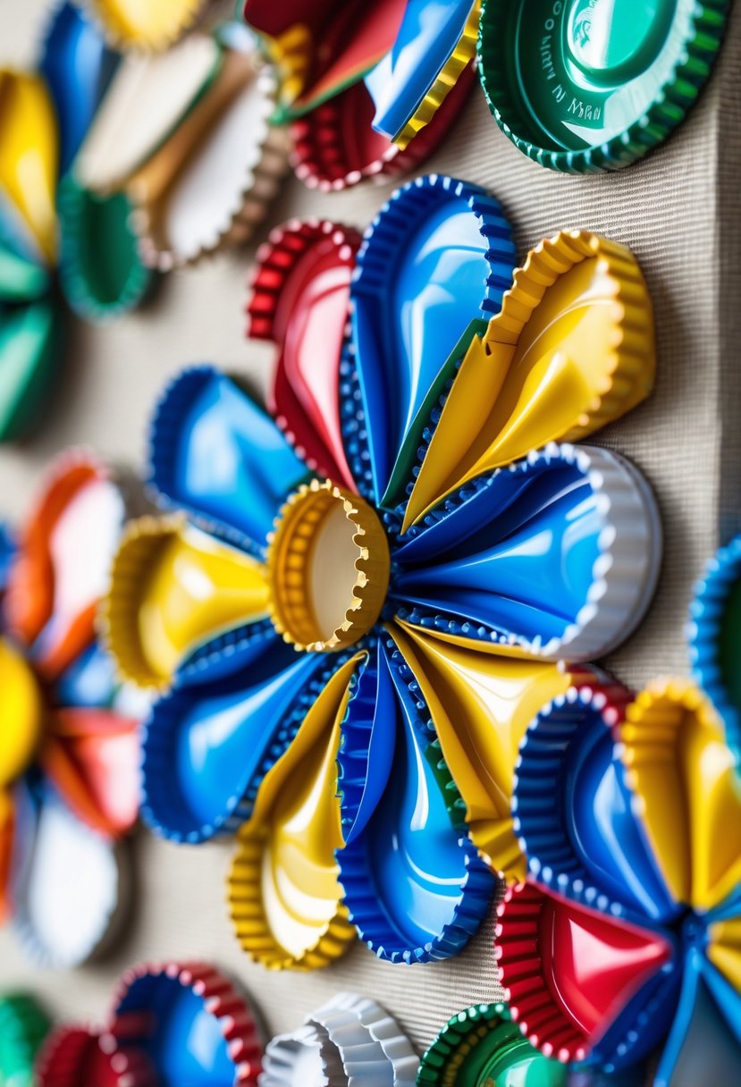Close-up of colorful flower designs made from plastic bottle caps arranged on a canvas.