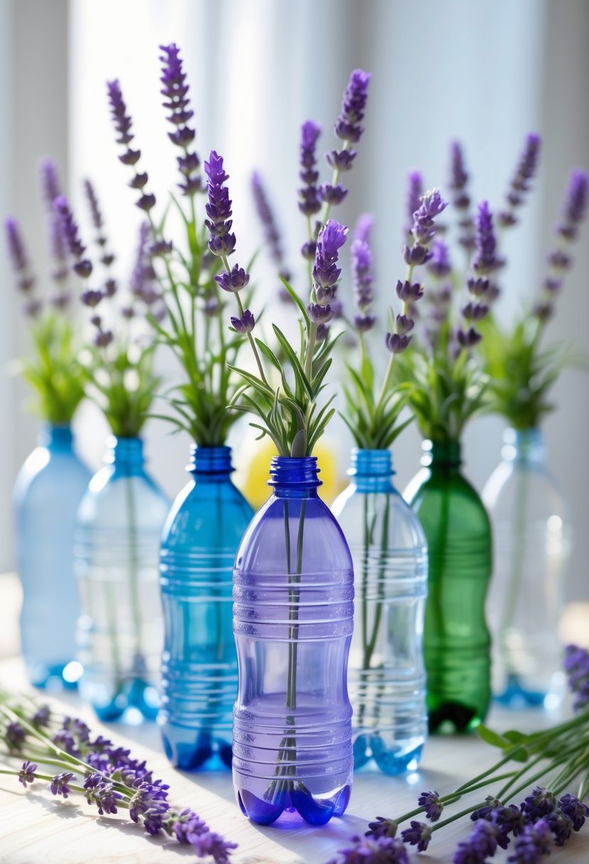 Several plastic bottles filled with fresh lavender sprigs arranged on a wooden surface.