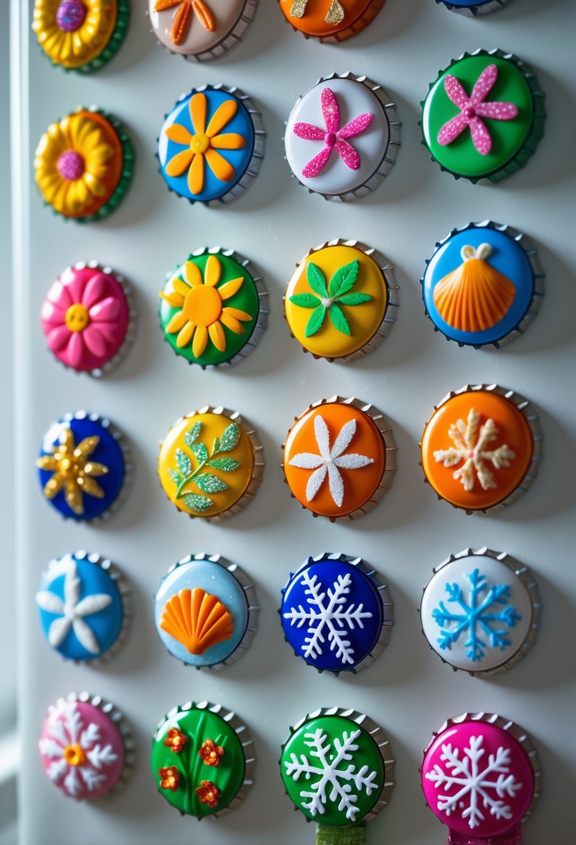 A collection of colorful plastic bottle cap fridge magnets with seasonal designs displayed on a white refrigerator door.