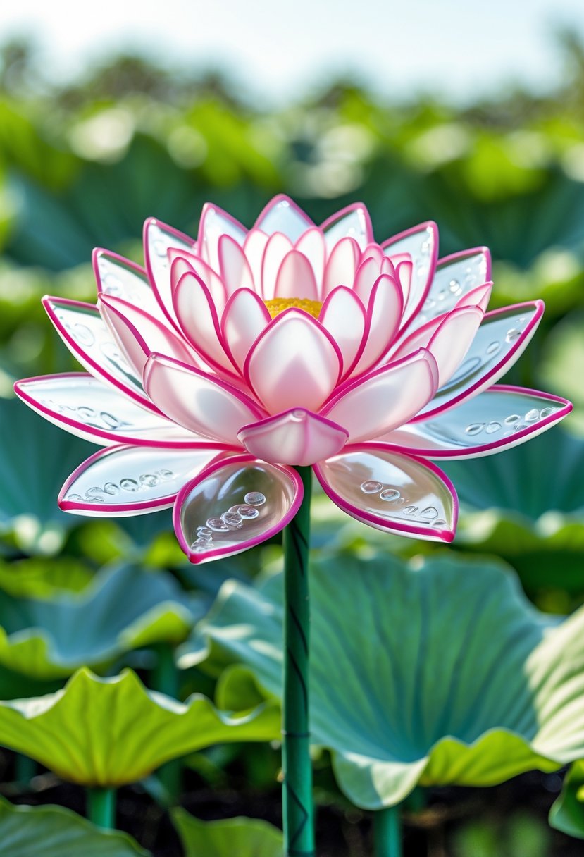 A colorful lotus flower made from recycled plastic bottles displayed against a green blurred background.
