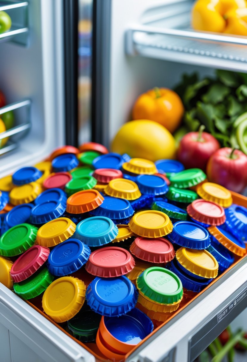 A refrigerator drawer with a colorful tray insert made from plastic bottle caps, surrounded by fresh fruits and vegetables.