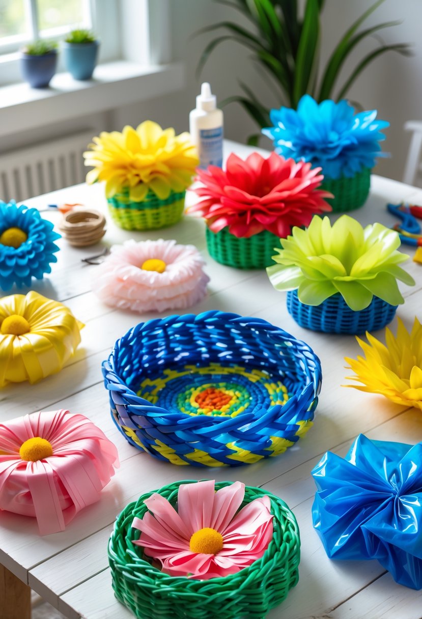 A collection of colorful handmade crafts made from recycled plastic bags arranged on a white table with natural light.