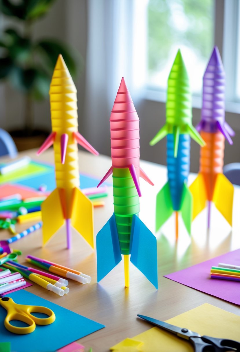 A table displaying colorful plastic straw rockets and crafting supplies in a bright workspace.