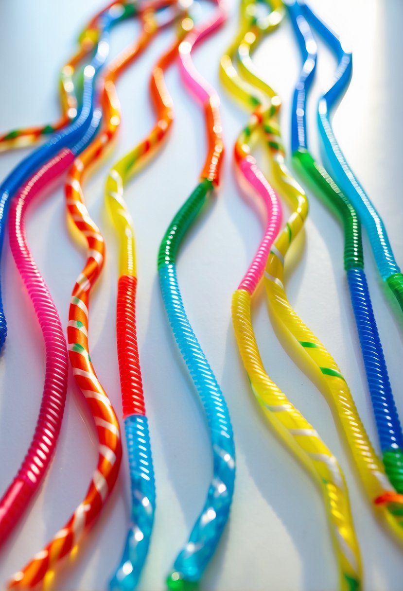A collection of colorful necklaces made from plastic drinking straws arranged on a white surface.