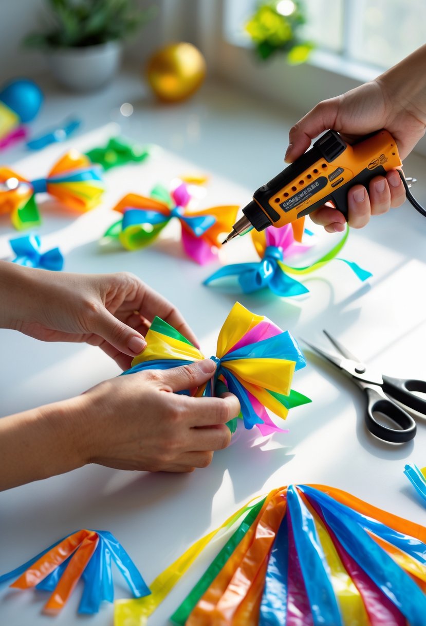Hands making gift bows from colorful plastic bags using a hot glue gun on a crafting table.