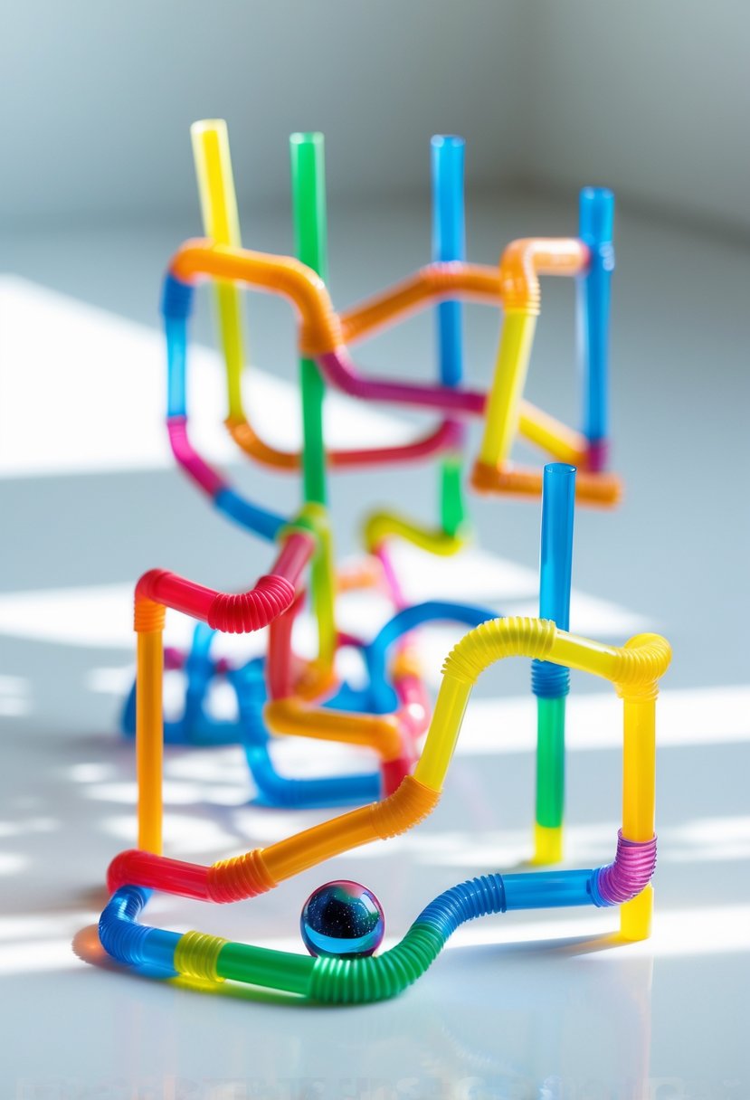 A colorful marble maze made from connected plastic straws on a white surface with a marble inside the maze.