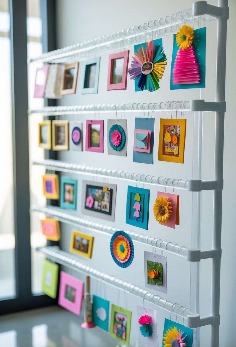 A plastic hanger photo display rack holding colorful handmade photo crafts and decorative cards.