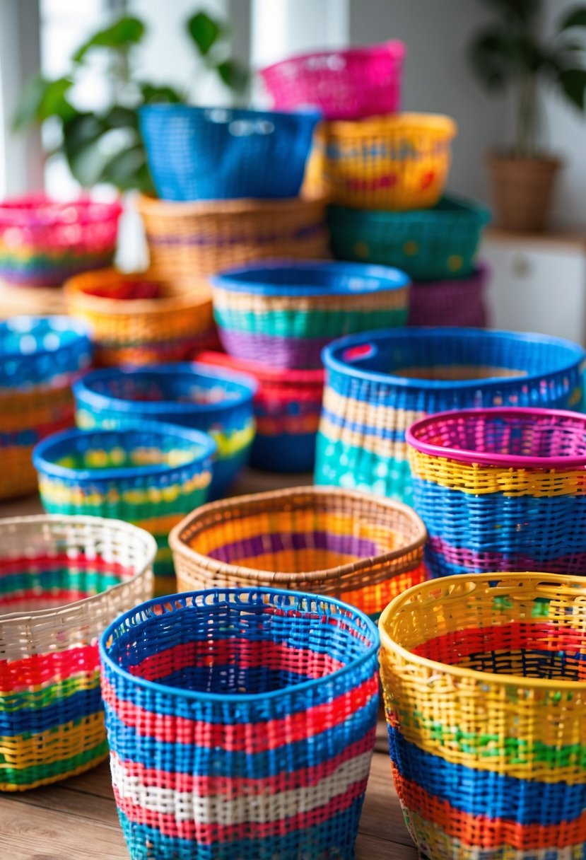 A group of colorful woven plastic bag baskets displayed on a wooden surface.
