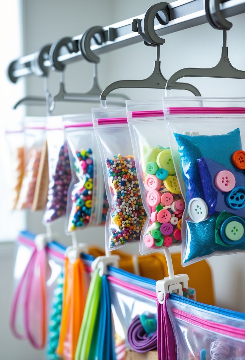 Organized craft supplies stored in clear zipper bags hanging on plastic hangers on a rack.