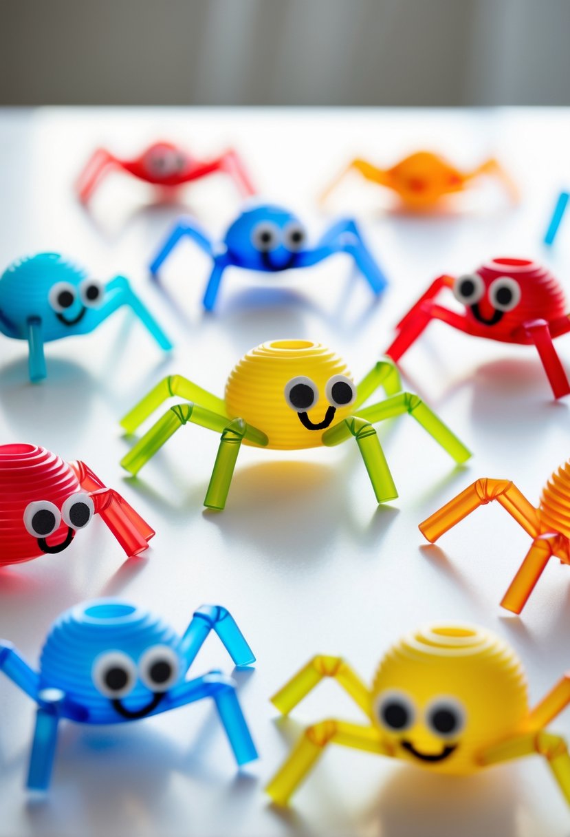 Several colorful plastic straw spiders arranged on a white surface.