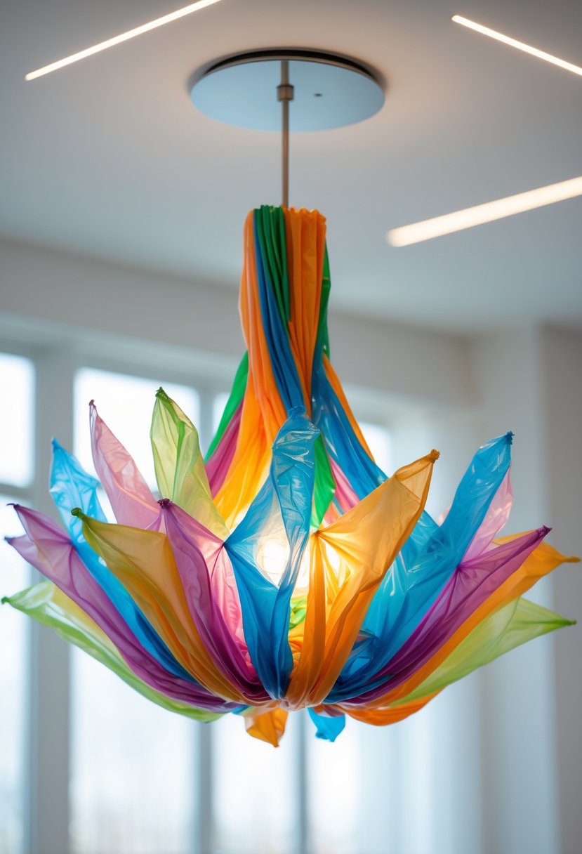 A colorful chandelier made from twisted plastic bags hanging from a ceiling in a bright room.